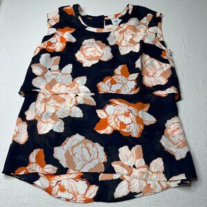 Cabi Womens Blossom Floral Tiered Cap Sleeve Blouse Navy Orange Size M